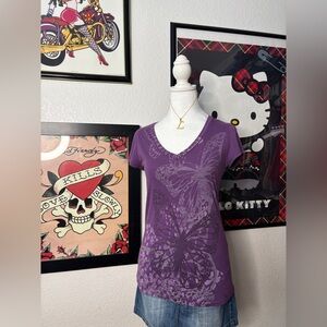 Purple Butterfly Graphic V-neck T-Shirt